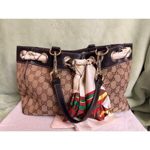 Gucci GG Monogram Canvas Leather Scarf Tote Bag Brown Gold 153033